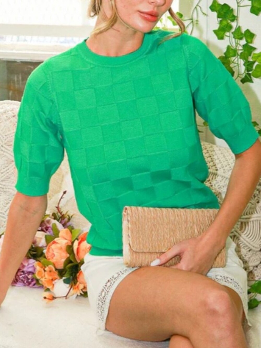 Vine & Love textured checkerboard Kelly Green sweater top Medium